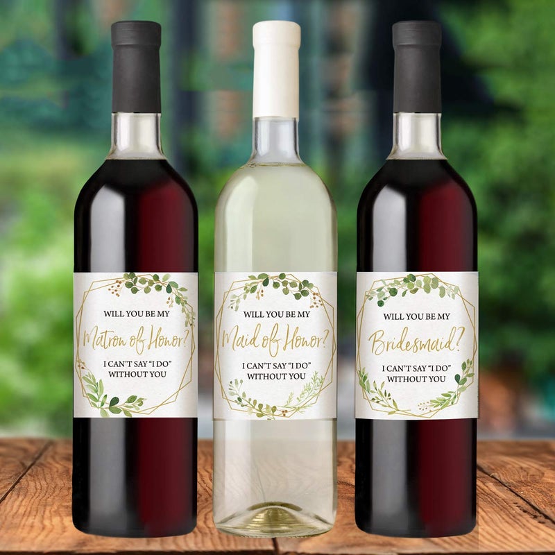 Printed Party Bridesmaid Proposal Wine Bottle Label Gift, Greenery, Set of 8 - Image 4